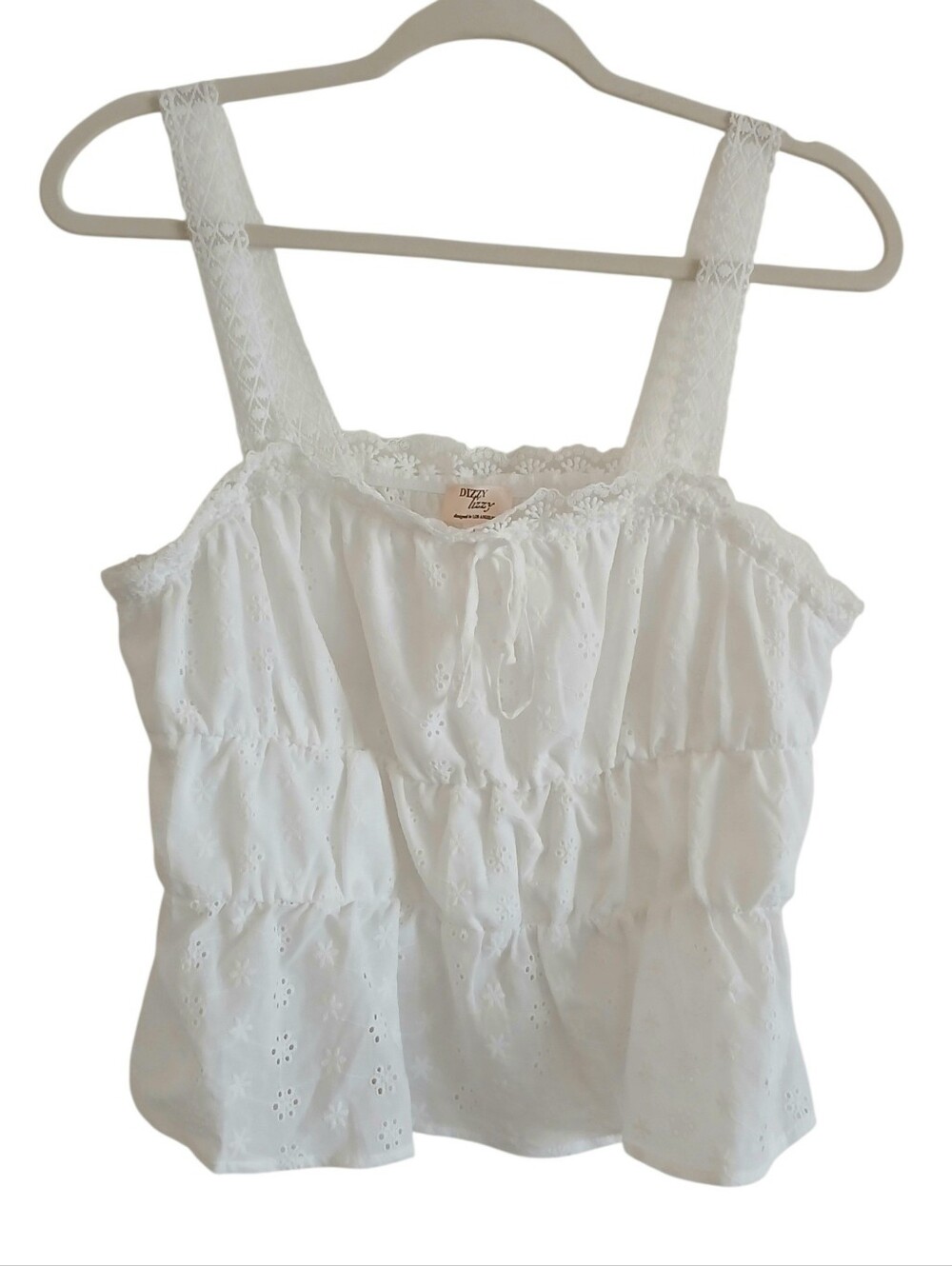 DIZZY LIZZY Lace Trim Eyelet 100% Cotton Top Women's L White Stretch Coquette